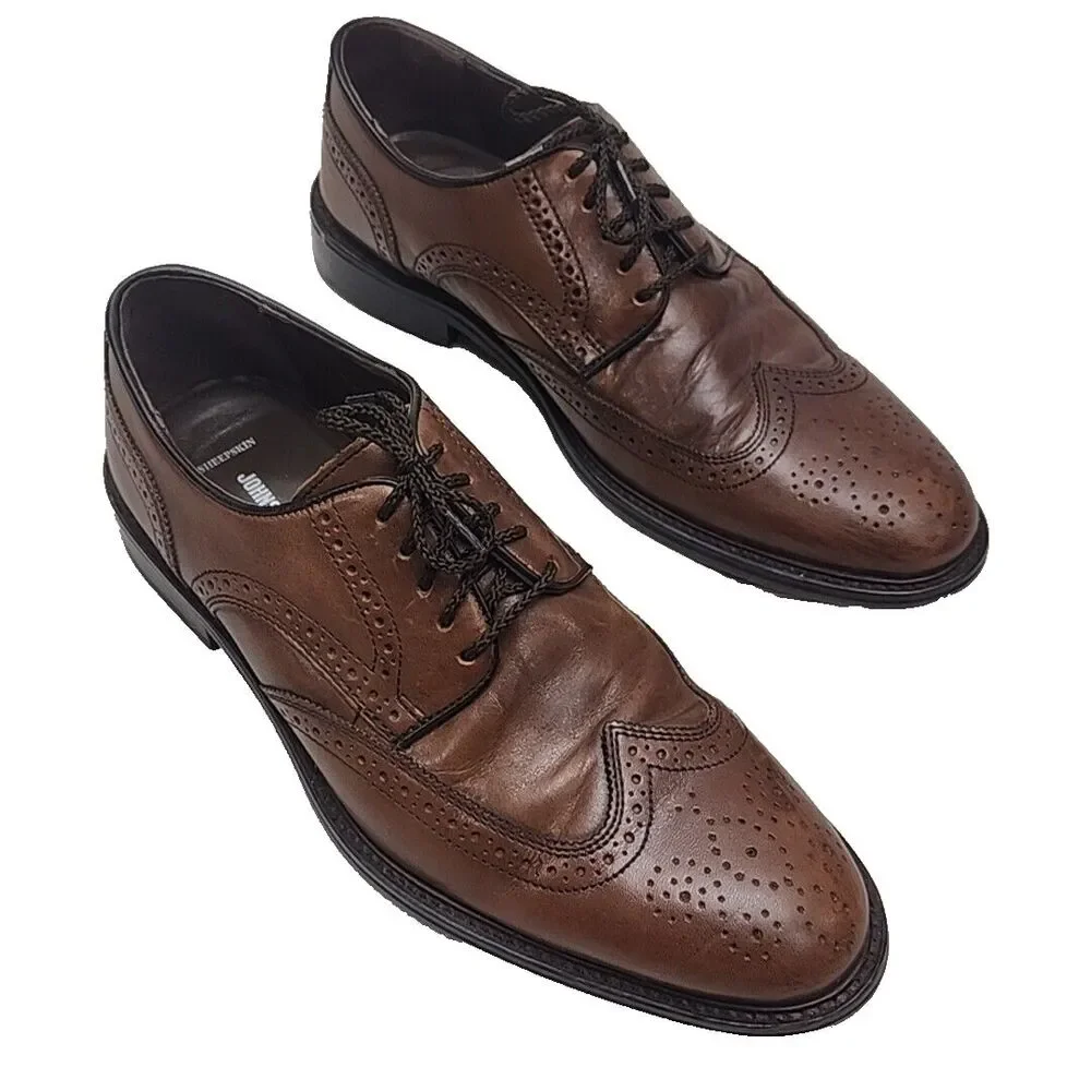 Johnston & Murphy Dress Shoes Wingtip Oxfords Brown Men Sz 8.5 Sheepskin Leather
